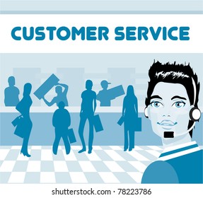 Charming customer service representative with headset on,  group of customers. operator talking on headset, smiling