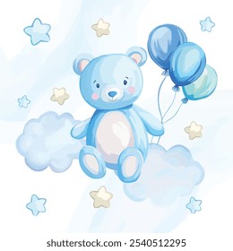 Charming cute blue bear holding colorful balloons, perfect for children's themes, birthday invitations, and nursery decor, bringing joy and whimsy to any celebration.