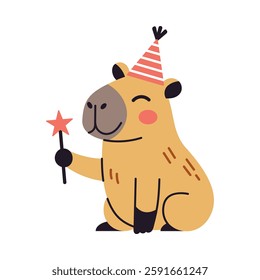 Charming cute capybara character with wand. Flat vector illustration of capybara animal for childrens designs, clip art, and event decor.