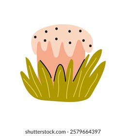 A Charming and Cute Cartoon Cupcake Surrounded by Fresh Grass and Colorful Sprinkles