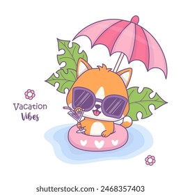 Charming cute cat in sunglasses with cocktail drink swims in rubber circle under sun umbrella. Whimsical sunny vacation atmosphere. Funny cartoon kawaii character. Vector illustration