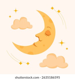 A charming, cute crescent moon with a smiling face, surrounded by clouds and stars. Perfect for nursery designs, kids' products, or night-themed decorations.