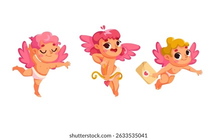 Charmosos e bonitos Cupidos que apresentam expressões brincalhonas e alegres em seus rostos