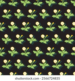 Charming Cute Dandelion Floral Cartoon on Dark. deal for botanical-themed designs, nature-inspired textiles, and spring decor. Perfect for use in packaging, digital designs