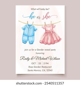 Charming cute gender reveal party invitation template featuring pink and blue baby clothes, perfect for celebrating the upcoming arrival with loved ones.