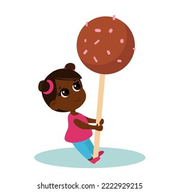 Charming cute girl holding a huge candy pop on a stick in her hands. The child is happy. Vector cartoon illustration isolated on white background.