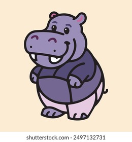 Charming cute hippo cartoon vector illustration featuring a cheerful purple and pink hippo character. Perfect for children's designs, nursery decor, and playful animal-themed projects.