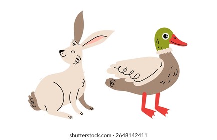 Charming and Cute Illustration Featuring a Rabbit and Duck in a Playful and Colorful Style
