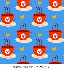 A charming and cute pattern featuring adorable red coffee cups adorned with hearts