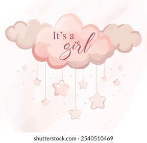 Charming cute pink clouds and stars design, perfect for baby girl decor, nursery themes, and children's artwork, evoking a playful, dreamy atmosphere.