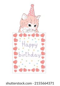 A charming cute pink kitten with big eyes in a festive hat sits and holds a greeting card on a white isolated background. A festive day, Fun and joy. Vector