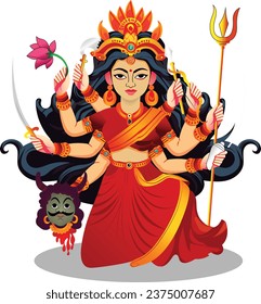 A charming and cute vector illustration of Goddess Durga, radiating grace and charm while honoring the deity's divine presence in a delightful style.