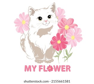 A charming cute white kitty with big eyes stands in pink flowers on a white isolated background. Print for children's things. Vector