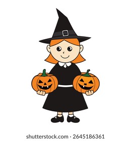 A charming cute witch smiles warmly, holding bright orange pumpkins close, surrounded by autumn leaves and magic sparkles—perfect for cozy fall vibes and Halloween fun!
