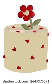 a charming cylindrical cake, light yellow in color, adorned with numerous scattered red heart shapes.