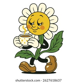 Charmoso caráter de flor margarida com um sorriso doce, segurando delicadamente uma xícara de café, combinando a frescura da natureza com vibrações acolhedoras. Perfeito para marca de bem-estar, produtos ecológicos e ilustrações.