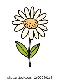 Charming daisy flower illustration with green leaves. Bright and cheerful floral design on a white background.