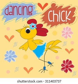 charming dancing chicken with flowers and hearts vector illustration