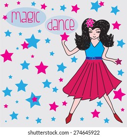 charming dancing girl with stars vector illustration