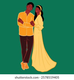 charming dark skinned couple in yellow clothes on a green backgroun