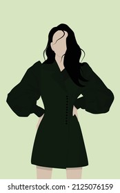 Charming dark-haired girl in a dark green dress with voluminous sleeves and a short long one. Vector flat image of a young attractive lady. Design for postcards, posters, avatars.