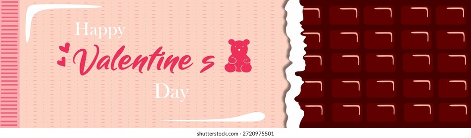 A charming Valentine’s Day banner featuring soft pastel tones, elegant typography, heart accents, and a cute teddy icon, paired with a torn chocolate texture design that creates a warm, romantic, and festive mood.