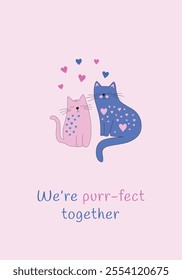 Charming Valentine’s Day Cat Couple Design, Cute Pink and Blue Cats with Hearts