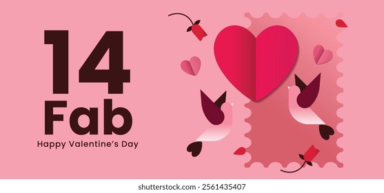 Charming Valentine’s Day design in pink, featuring a large heart, two lovebirds, and rose petals in a modern, flat illustration style. Perfect for romantic themes and festive graphics.