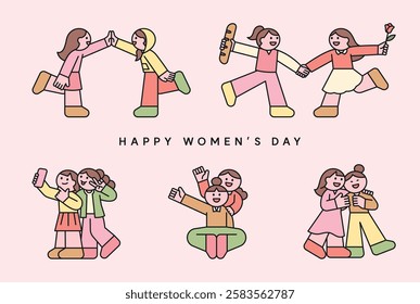 A charming Women’s Day illustration featuring happy female friends celebrating together. Includes high-fives, holding hands, taking selfies, and hugging. Minimalist flat design with soft pastel colors