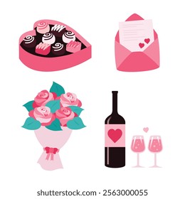 A charming Valentine’s Day illustration set featuring a heart-shaped chocolate box, love letter, rose bouquet, and wine bottle with glasses. Shades of pink and brown, perfect for romantic designs.