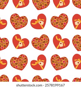 Charming Valentine’s Day pattern with hearts, candy, and chocolate boxes. Seamless vector illustration perfect for sweet and romantic occasions. Perfect for wrapping paper, invitation, decor