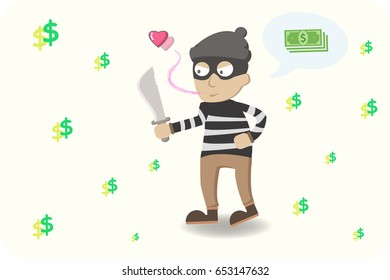 Charming debonair Thief Rob my heart. Cute thief character. Vector cartoon illustration EPS10. dollar,$,heart,background. Robber in mask.