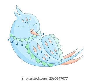 A charming decorative vector illustration of a blue sleeping bird isolated on white background