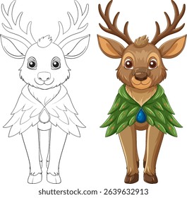 Charming deer-like creature in vibrant colors and line art, featuring a green leafy cloak and expressive eyes