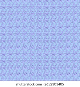 Um charmoso e delicado padrão sem costura com rampas de lavanda desenhadas à mão e flores silvestres variadas em tons de roxo em um fundo rosa suave.