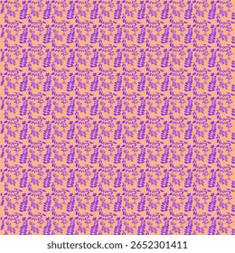 Um charmoso e delicado padrão sem costura com rampas de lavanda desenhadas à mão e flores silvestres variadas em tons de roxo em um fundo rosa suave.