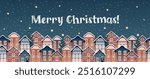 Charming and delightful Christmas Village Scene set against a picturesque snowy background. Seamless border with vintage city Christmas landscape. illustration for wallpaper, wrapping, background