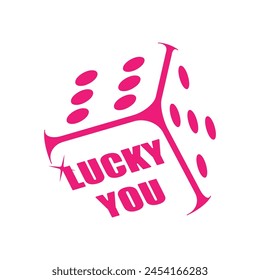 A charming depiction of a dice featuring three distinct sides: one adorned with five dots, another embellished with six dots, and the final side graced with the delightful message ‘Lucky You’.