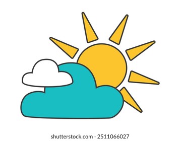 a charming depiction of the sun peeking out from behind the clouds with visible sunrays in a flat vector illustration style