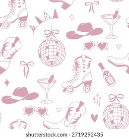 A charming design featuring cherries and sparkly boots in a playful cowgirl composition. Perfect for textiles and decor.
