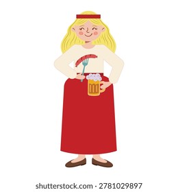 A charming and detailed full-length flat vector illustration of a cheerful blonde woman in traditional folk clothing, featuring a long red skirt and a white peasant blouse. She is celebrating a summer festival, holding a frothy golden beer mug in one hand and a grilled sausage on a fork in the other. This whimsical, hand-drawn doodle character is perfect for Baltic Ligo, Scandinavian Midsommar, and German Octoberfest celebrations. Ideal for BBQ party invitations, festive posters, garden picnic menus, and ethnic cultural event designs. High-quality graphic isolated on a clean white background
