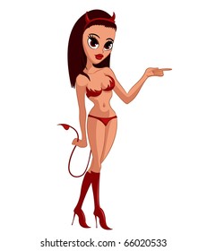 Charming devil girl pointing on something
