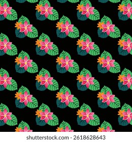Charming Diagonal Repeating Floral Pattern Featuring Pink and Orange Blooms on Bold Black Backdrop