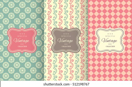 Charming different vector seamless patterns. Sweet pink, blue and lemon cream colors. Endless texture can be used for printing onto fabric and paper. Heart, flower and dot shape.
