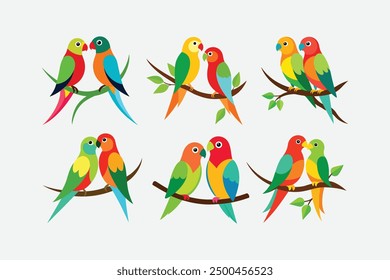 A charming digital artwork featuring two affectionate love birds perched together on a tree branch, designed as a vector graphic suitable for various creative projects.