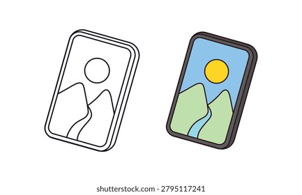A charming digital drawing of a framed landscape photo showing mountains and a sun, presented as an outline next to a colored version.