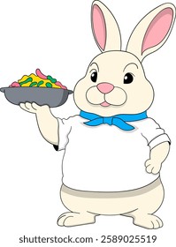 A charming digital illustration of a cheerful rabbit dressed as a chef, wearing a white uniform with a blue scarf while holding a plate of colorful food