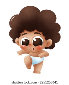 A charming digital illustration of a cute baby with big expressive eyes, curly dark hair, and a surprised expression.
