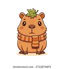 Encantadora ilustración digital de un lindo personaje de capibara con una acogedora bufanda a rayas y una hoja de otoño en la cabeza, aislado sobre fondo blanco. Perfecto para diseños de temporada.