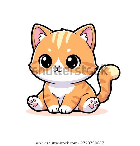 Charming digital illustration of a cute orange tabby kitten with big, expressive eyes sitting on a white background. Ideal for children designs, pet themes, or playful projects.